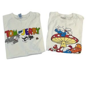2 TShirts Tom & Jerry And Smurfs Mushrooms Retro Cartoon‎ Animated Sz Med READ